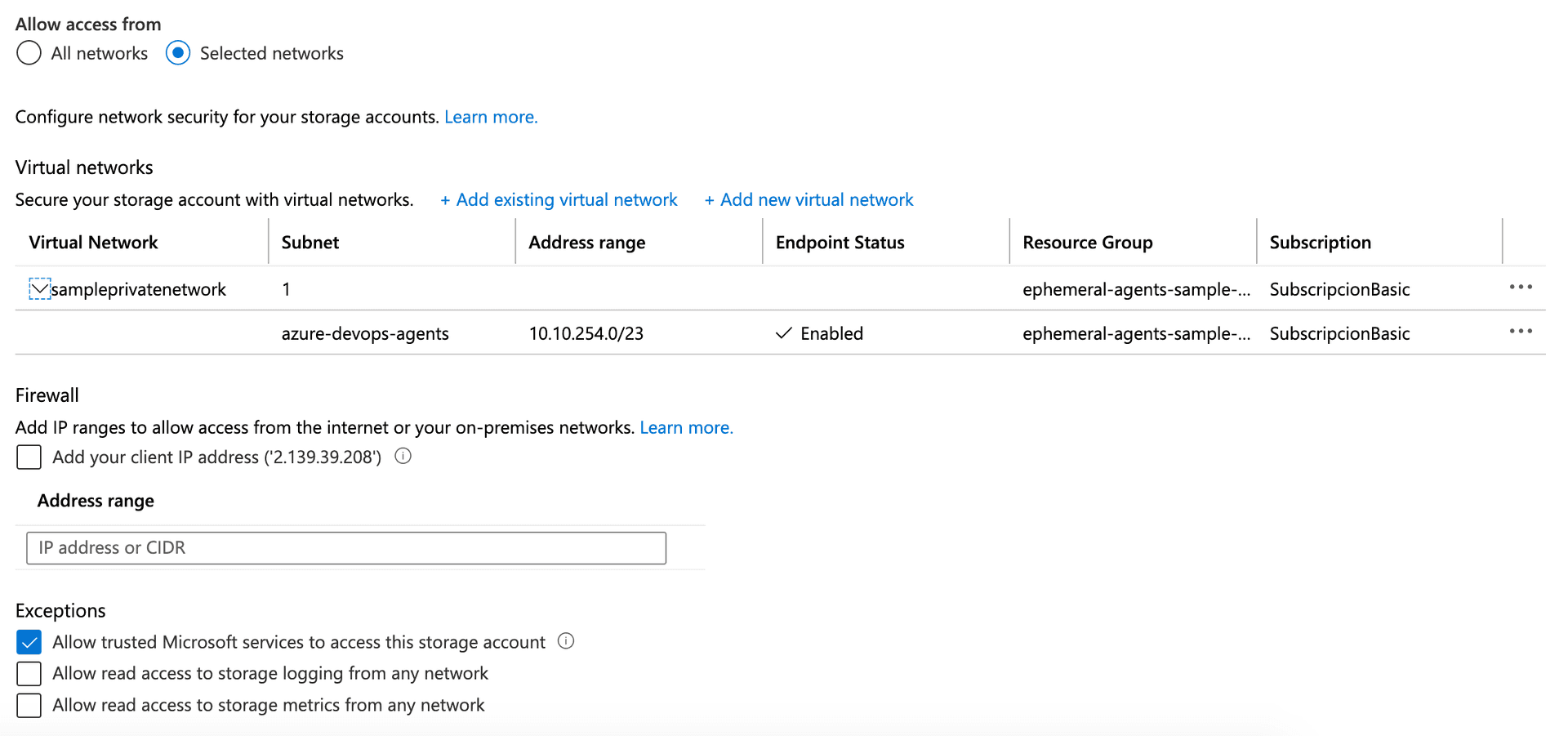 Azure Storage Account VNet configuration