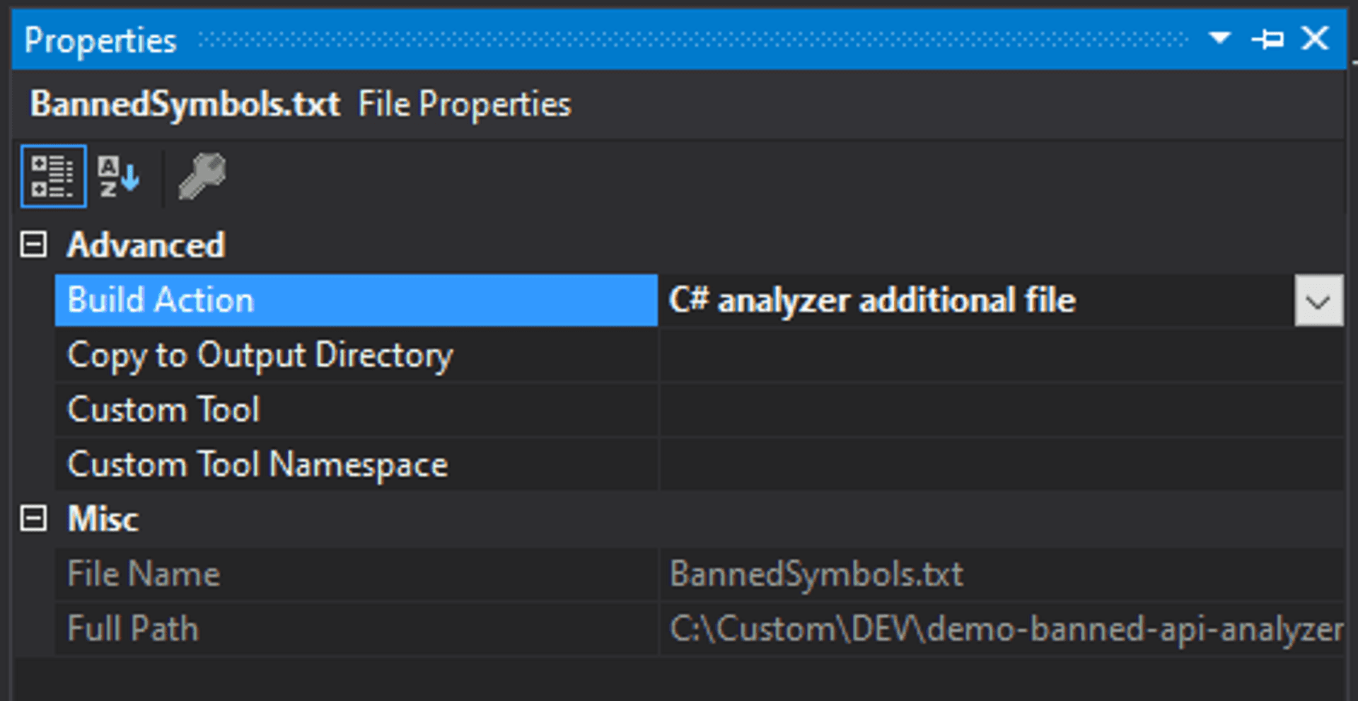 BannedSymbols.txt properties in Visual Studio