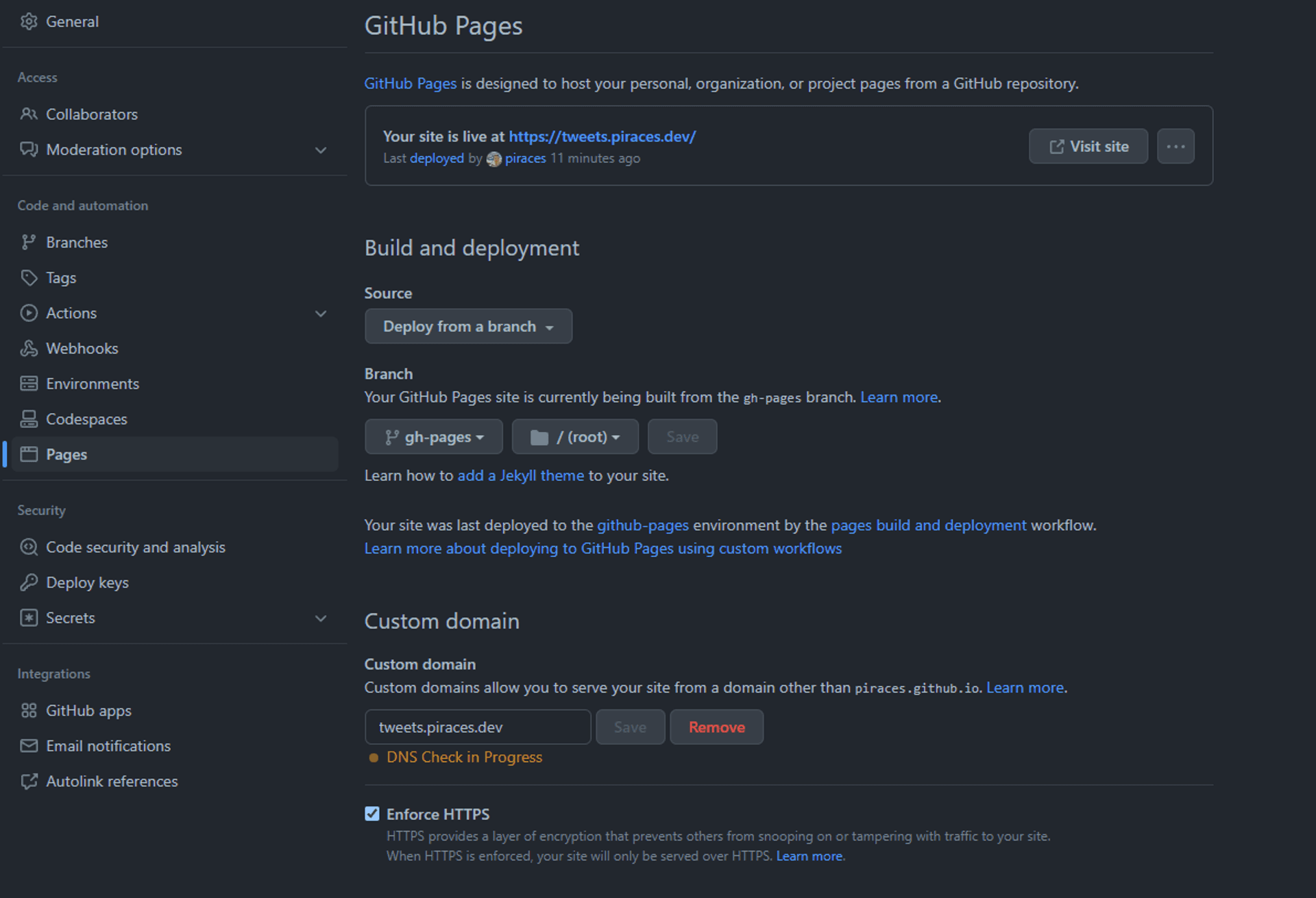 GitHub pages settings example