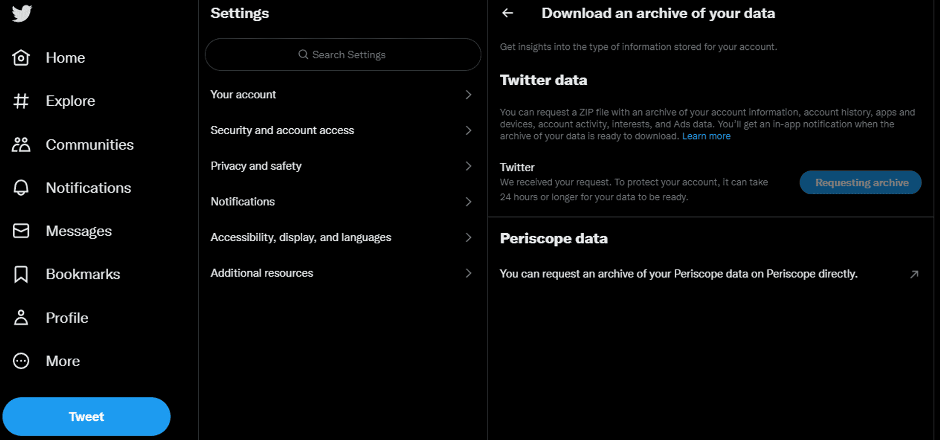 Twitter settings page after requesting your archive